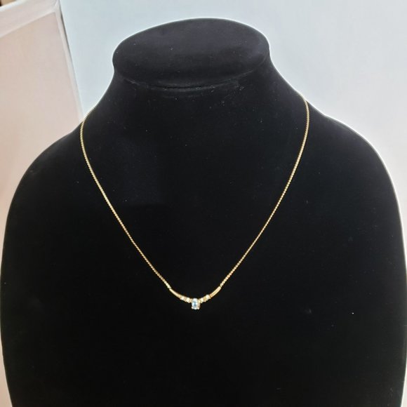 NECKLACE Gold Tone With 4 Small Clear & 1 Center Sky Blue Rhinestones 19” - Picture 12 of 16